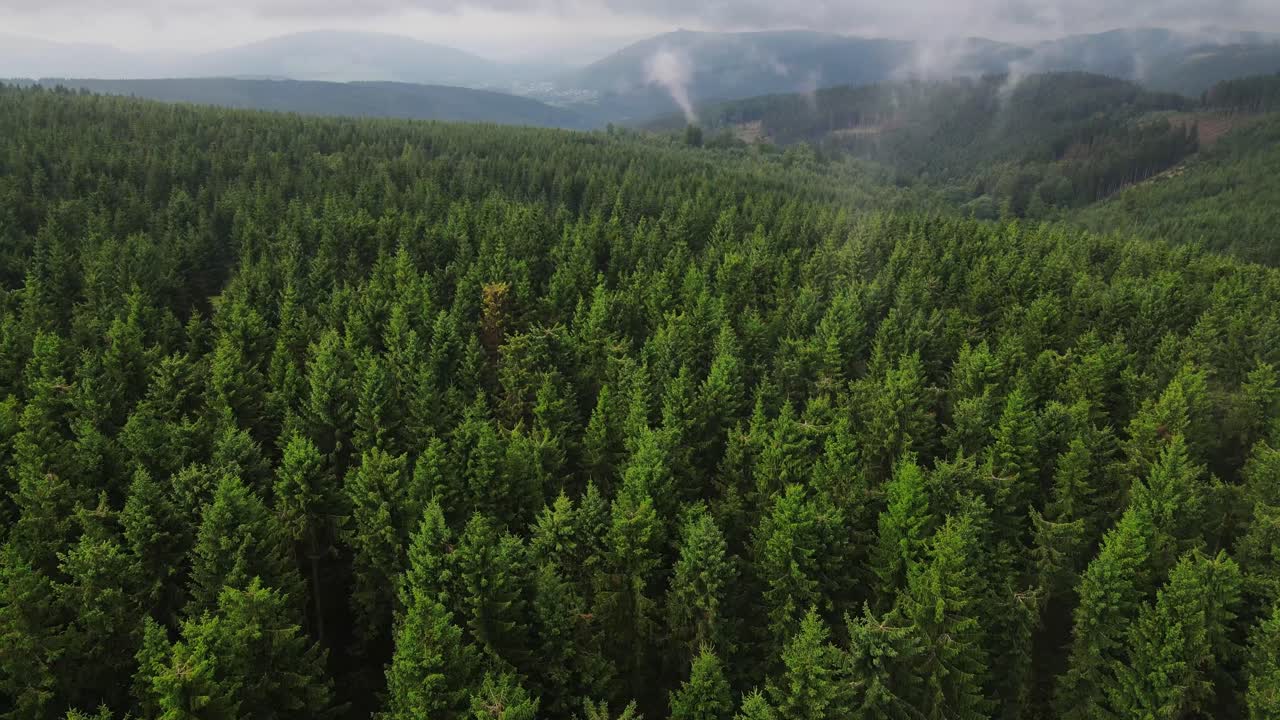 Volo aereo su paesaggio montano e boscoso