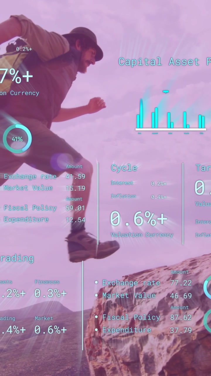 Vertical video: Male hiker stepping and climbing toward higher ledge, HUD showing finance bar chart