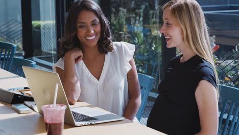 businesswoman using laptop working with pregnant female colleague in modern office