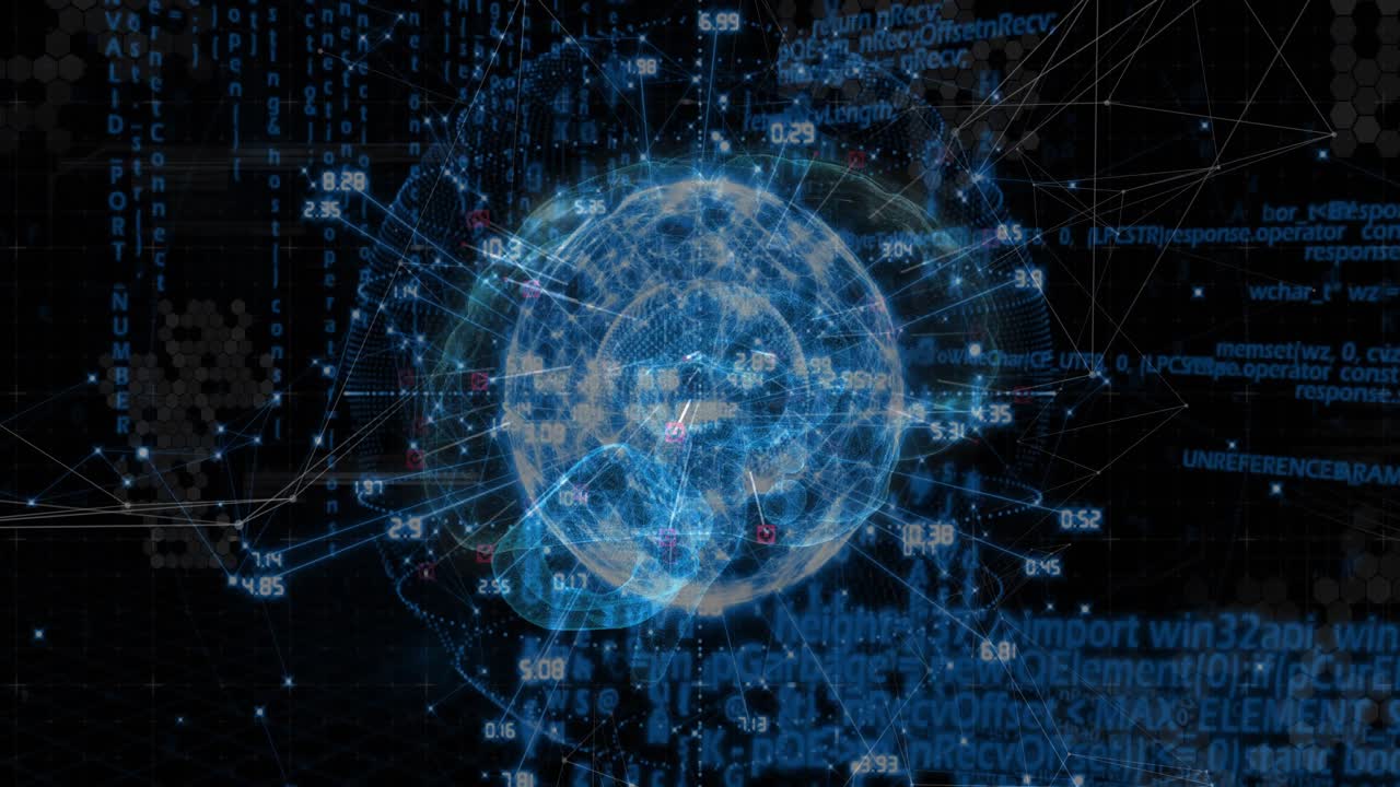 Incoming data arriving, data sphere brightening, rotating, linking nodes to show network activity
