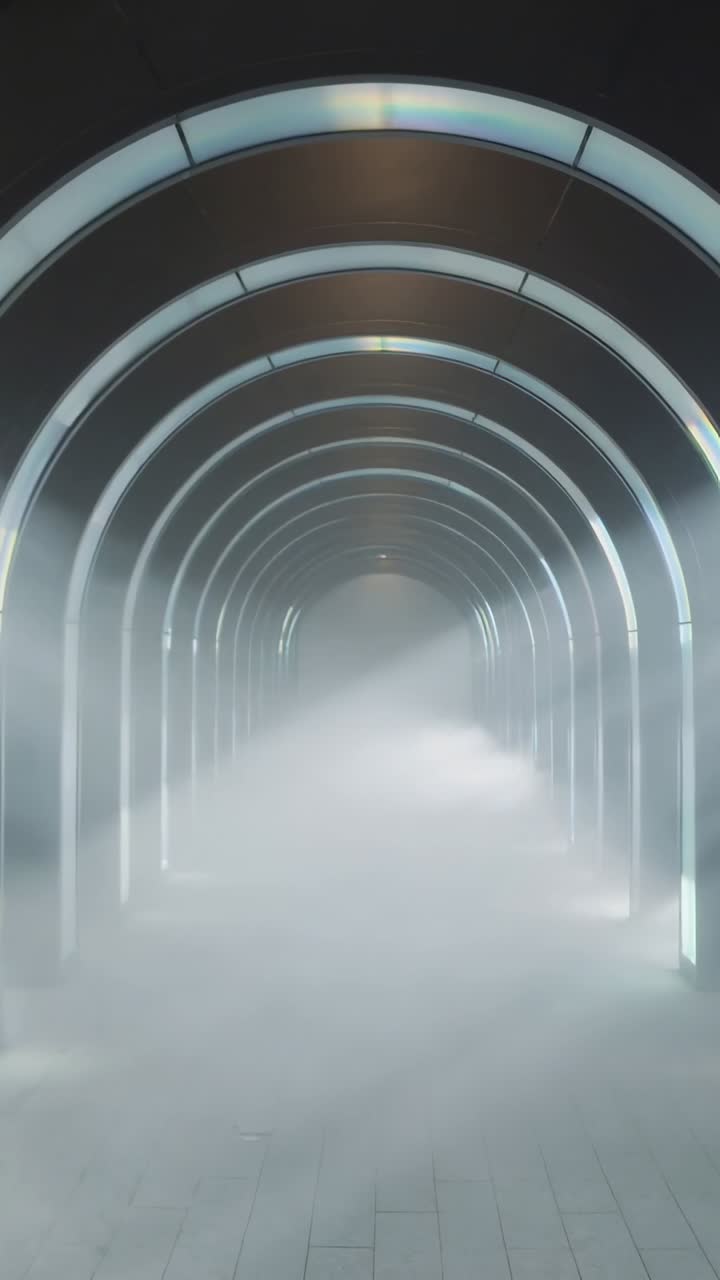 Vertikal video: Glødende metalbuer beklæder en tunnel, lav tåge driver fremad, en diagonal stråle skærer igennem