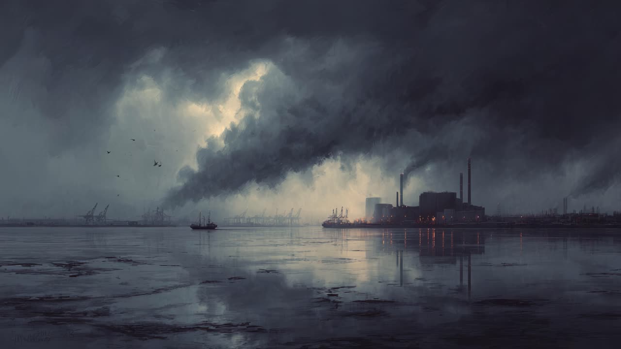 A Dramatic Contrast of Industry and Nature: Heavy Storm Clouds Loom Over an Industrial Landscape with Smoke, Water Reflection, and Ships in a Somber Atmosphere