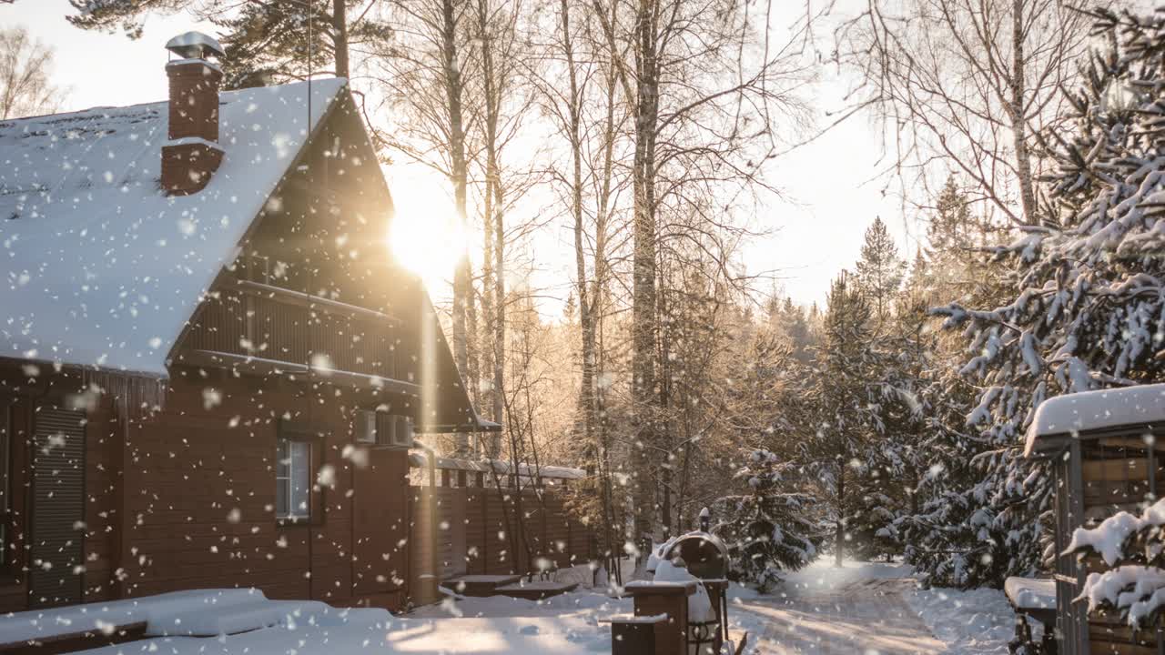 눈이 내리는 밝은 빛 풍경과 숲 속의 작은 집, 시네마그래프, 비디오 루프