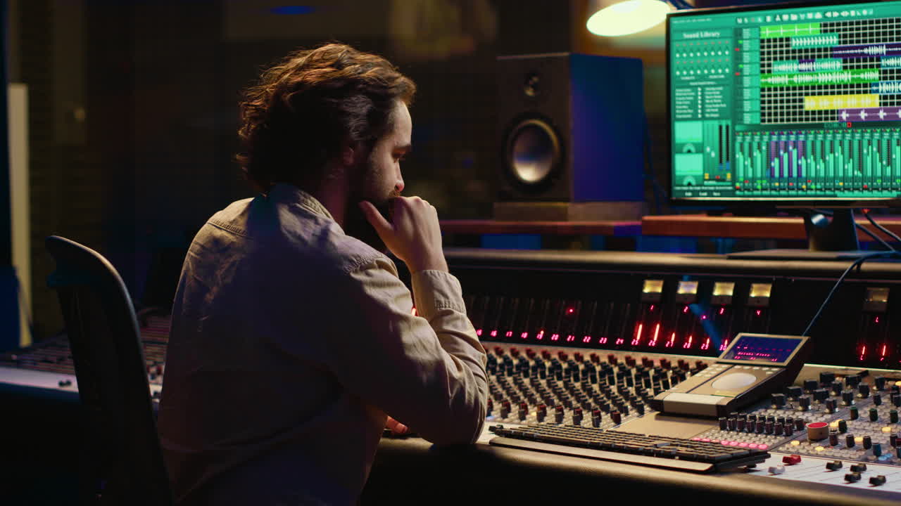 Music producer editing sounds with mixing console and switchers