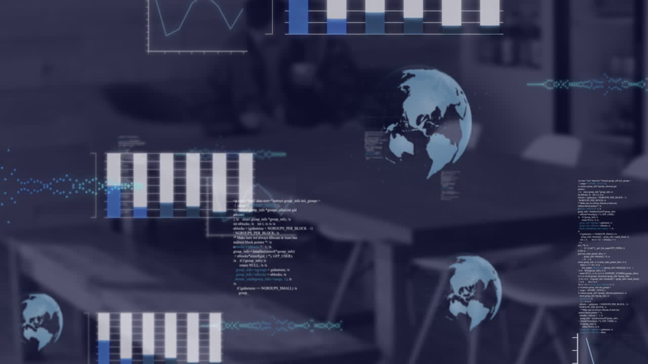 Animation of financial data processing over diverse colleagues in office
