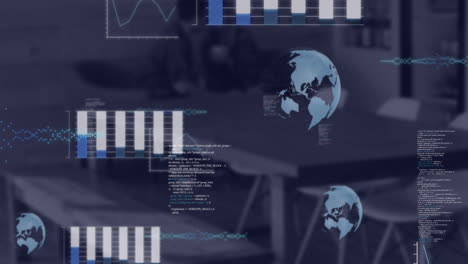 animation of financial data processing over diverse colleagues in office