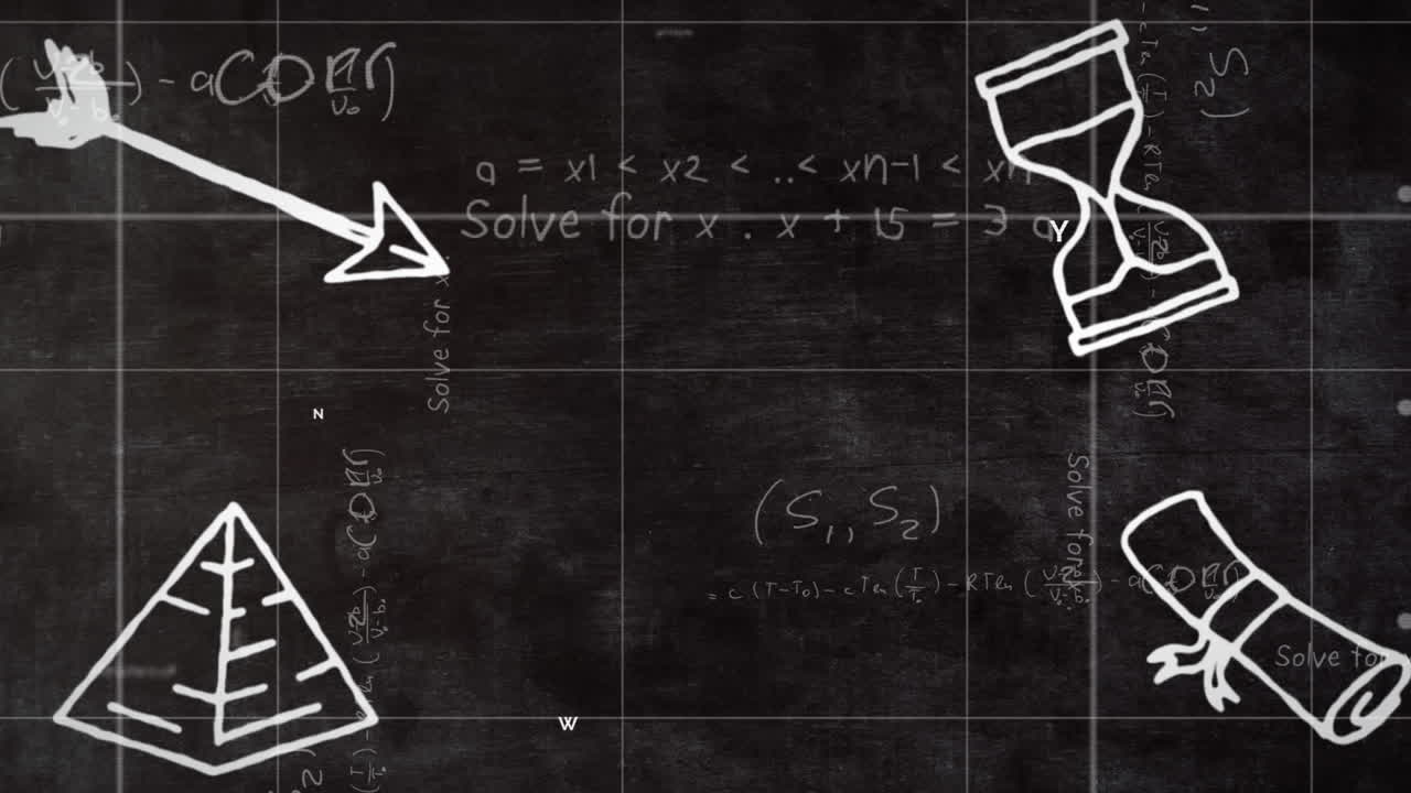 어두운 배경에 빛을 비추는 수학적 그림과 공식의 애니메이션