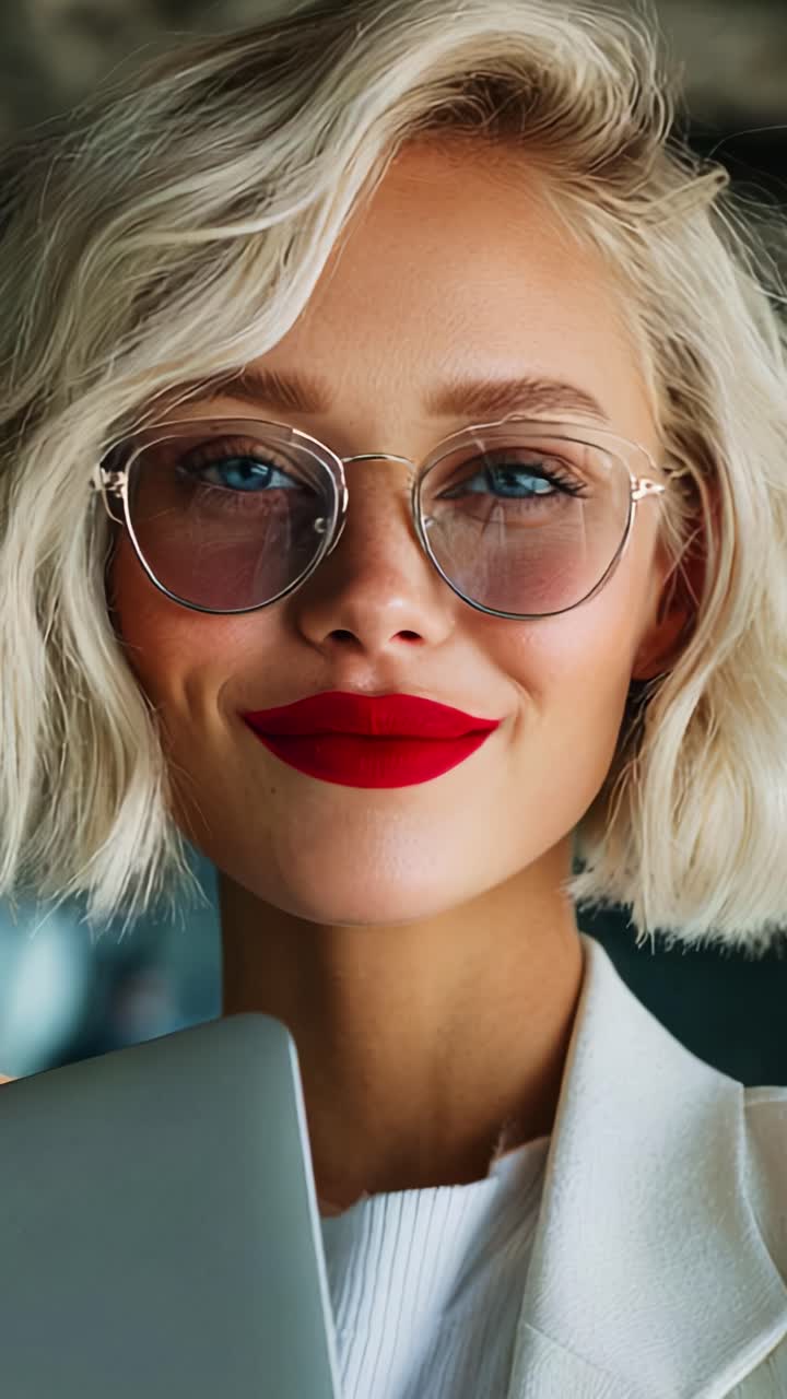 Stylish Woman with Bold Red Lips and Glasses Showcasing Elegance and Confidence in Two Captivating Frames
