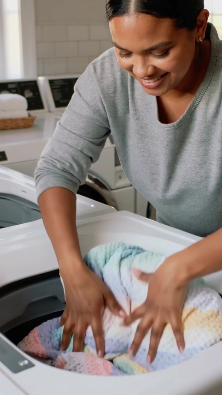 Vertical video: Smiling woman in grey top lifting pastel throw into top-load washer