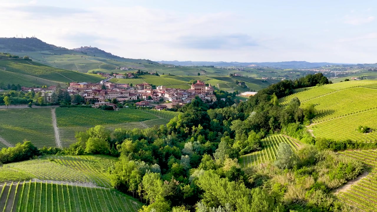 Un'ampia ripresa aerea con drone panoramica su colline verdi ondulate, vigneti e un borgo storico