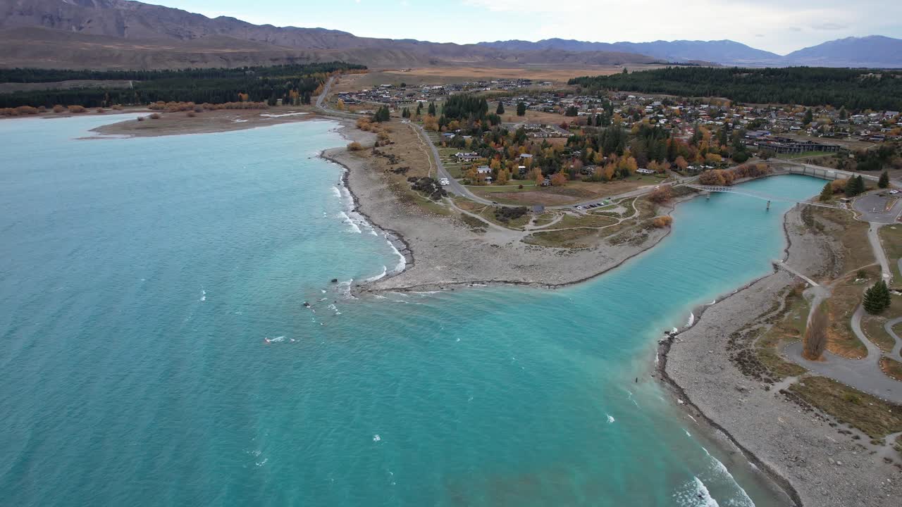 Aerial View Of Lake Tekapo And Tekapo River In Township In Mackenzie District, Canterbury, New Zealand.