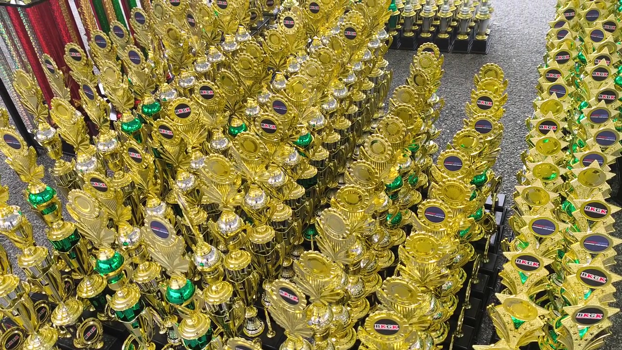 Molti trofei d'oro sono disposti ordinatamente sul pavimento. Il comitato organizzatore li ha suddivisi per categoria di competizione. I loro design lucidi ed eleganti attendono i fieri vincitori del torneo