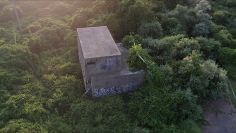 Aerial-view-of-the-abandoned-military-structure-Fort-Greene-Fire-Control-Tower-in-Point-Judith,-Rhode-Island