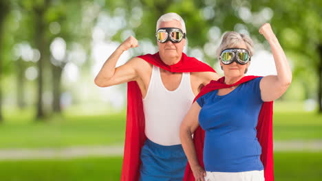 animation of happy senior caucasian couple with superhero costumes over park