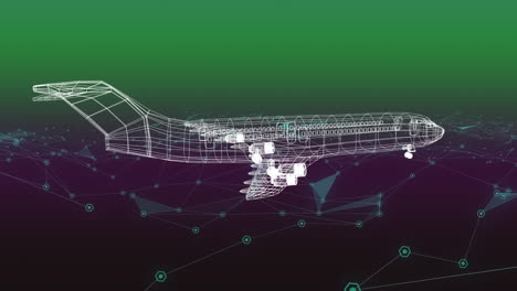 animation of 3d airplane technical drawing over network of connections over green background