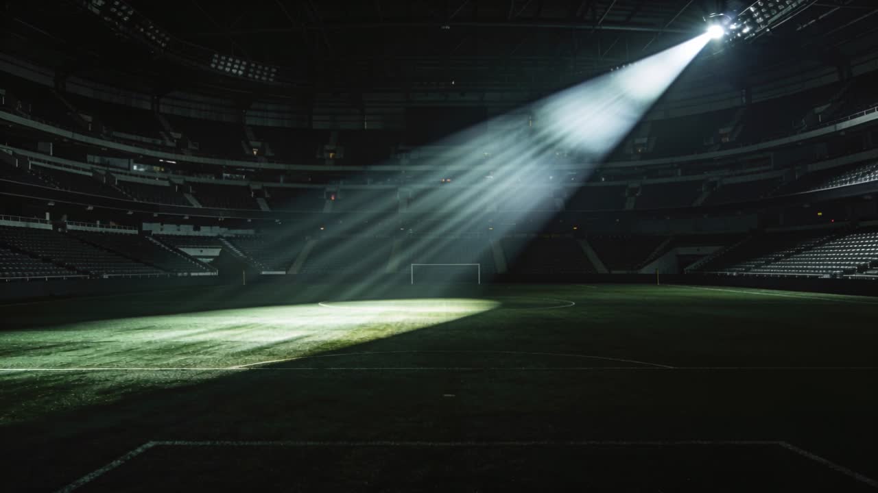 Accendendo il faro sul tetto, il fascio di luce spazza il campo dello stadio a cupola, mostrando pali delle porte e linee.
