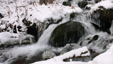 close up of a small waterfall flowing over rocks and ice in a snow covered forest in chugach state park alaska