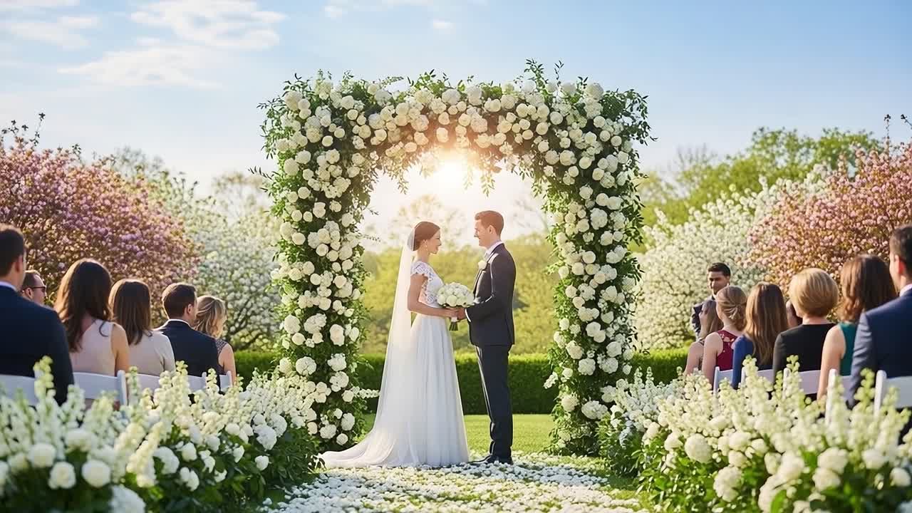 A Dreamy Outdoor Wedding Ceremony Unfolding Under a Floral Archway Bathed in Golden Sunlight with Joyful Guests Witnessing the Nuptial Vows