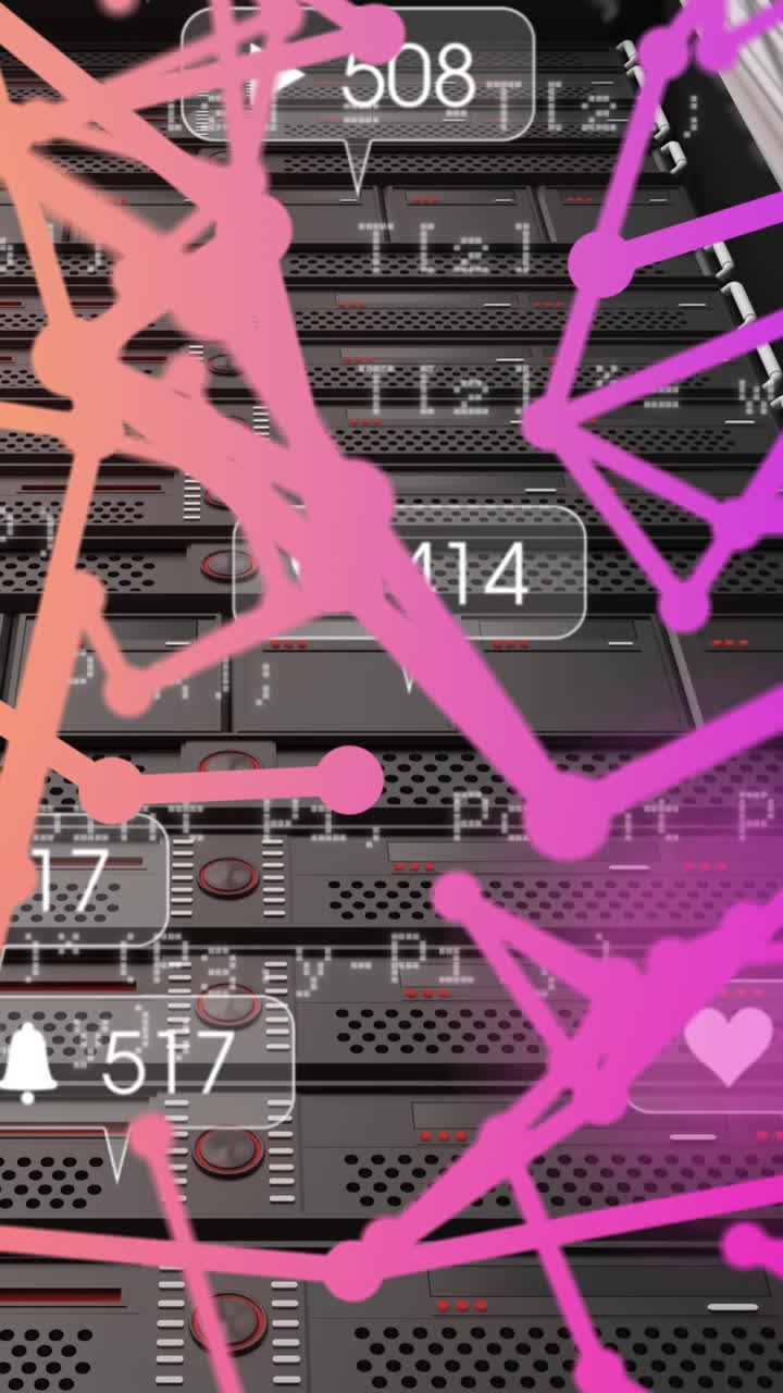 animation von formen und medien-ikonen über dem serverraum