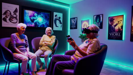 elderly woman joyfully explores virtual reality gaming