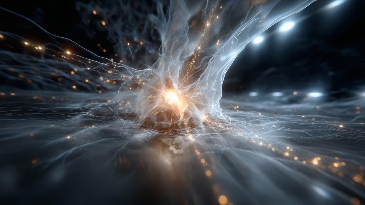 Una rappresentazione astratta dell'energia cosmica e delle dinamiche della luce: una visualizzazione delle onde elettriche e delle particelle irradianti in un ambiente spaziale accattivante