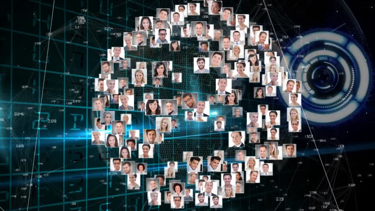 Round scanner and globe of profile icons against data processing on black background