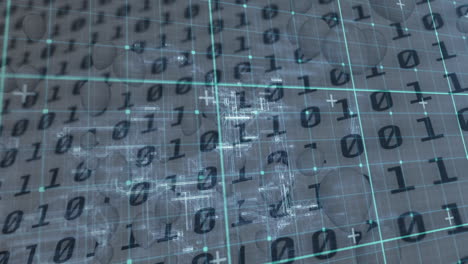 animación de datos con patrón de cuadrícula que se mueve sobre códigos binarios en la interfaz digital