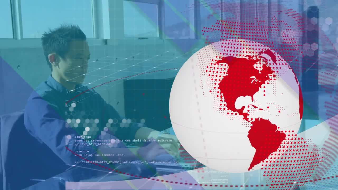 animación del globo sobre el hombre de negocios usando computadora