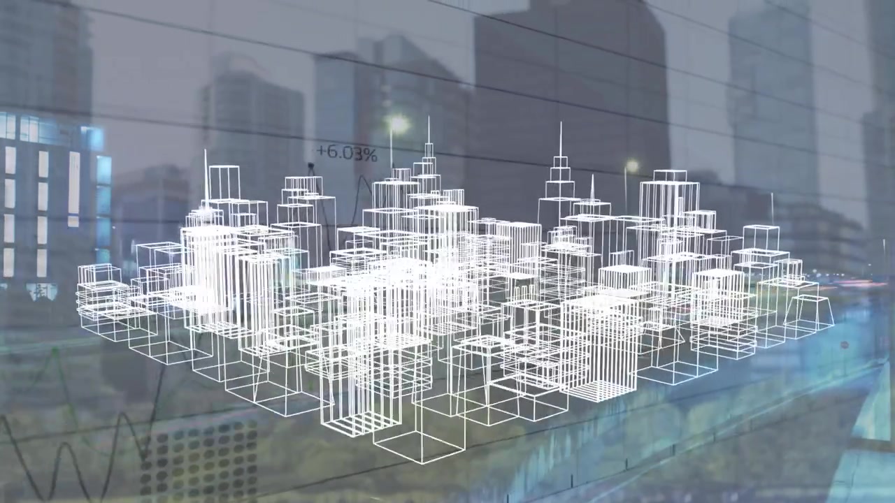 Animation of 3d city model over cityscape