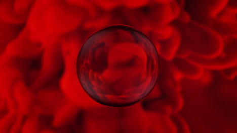 swirling patterns of red ink through the prism of a glass sphere, liquid smoke in a marble, macro and slow motion