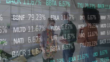 animación del procesamiento de datos financieros sobre personas de negocios que usan máscaras faciales trabajando en la oficina.