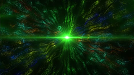círculo de luz de brillo verde, brillo brillante brillo oval y ondas digitales ligeras con partículas multicolores