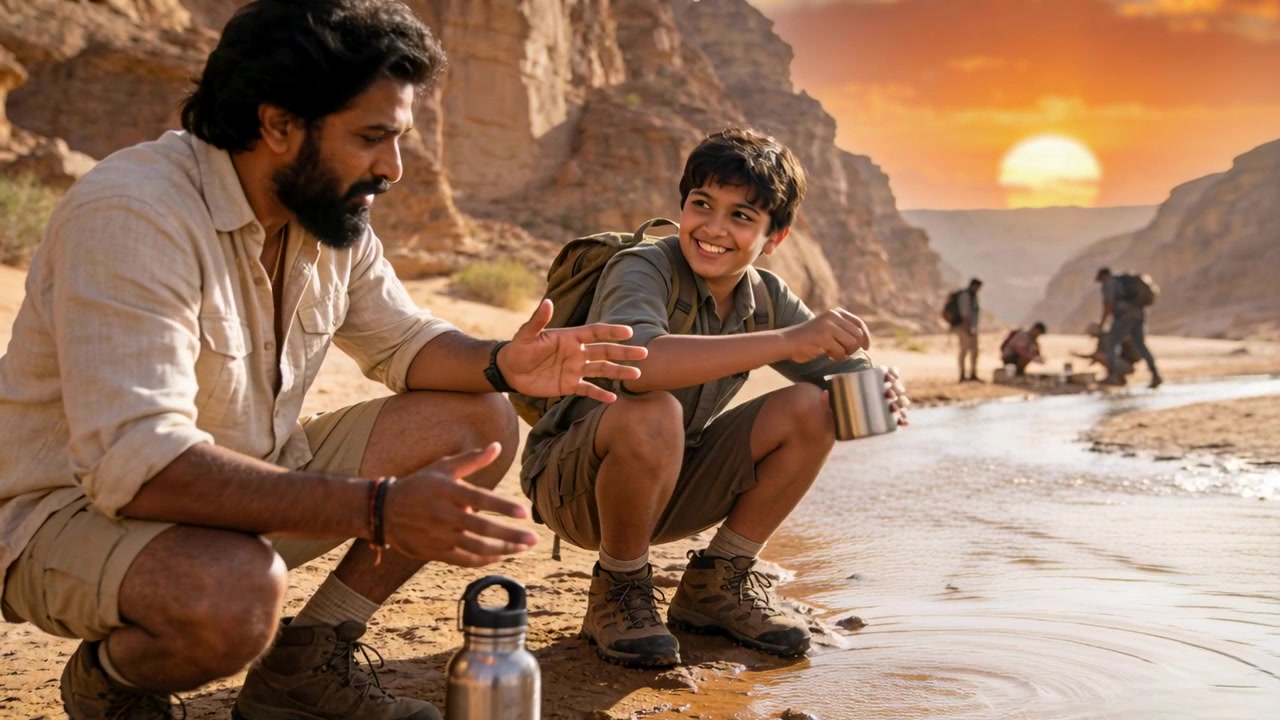 Pausing father-son pair at canyon stream, refilling metal bottle with cup in khaki shorts and boots