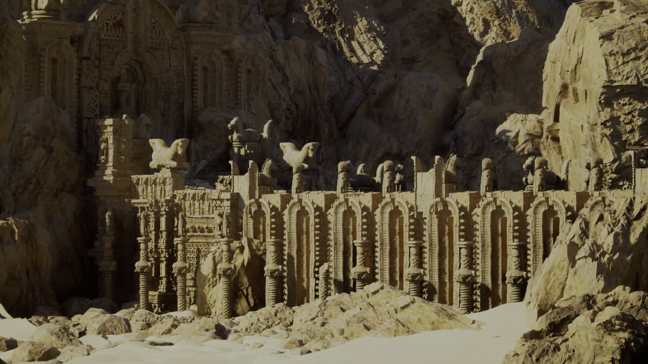 Intricate sandcastle resembling ancient architecture at a desert location