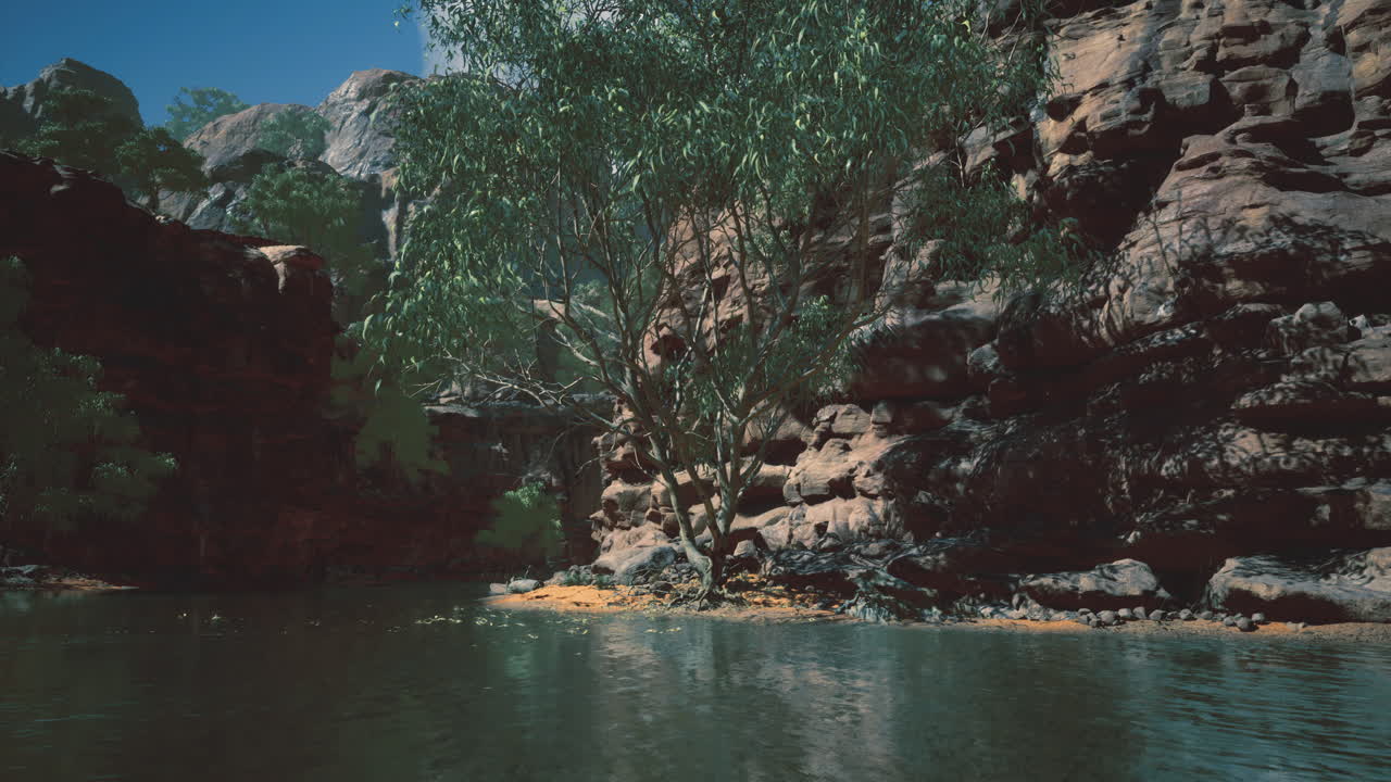 Serene riverbank reflected in calm waters surrounded by rugged cliffs