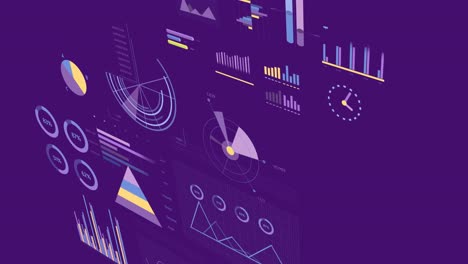 animation of statistics and financial data processing over purple background