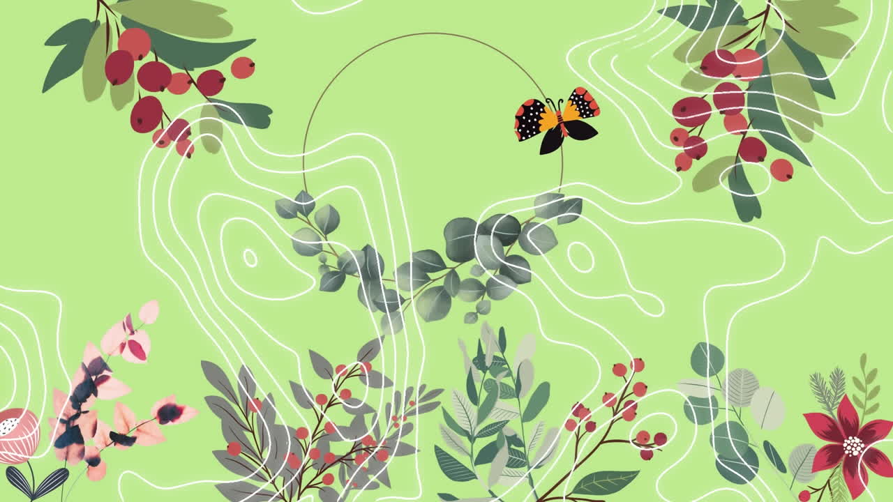 animación de flores, bayas, follaje y mariposas, sobre líneas de contorno blancas, en verde