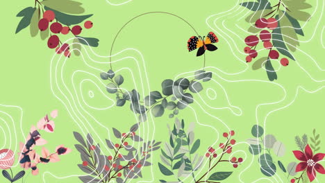 animación de flores, bayas, follaje y mariposas, sobre líneas de contorno blancas, en verde