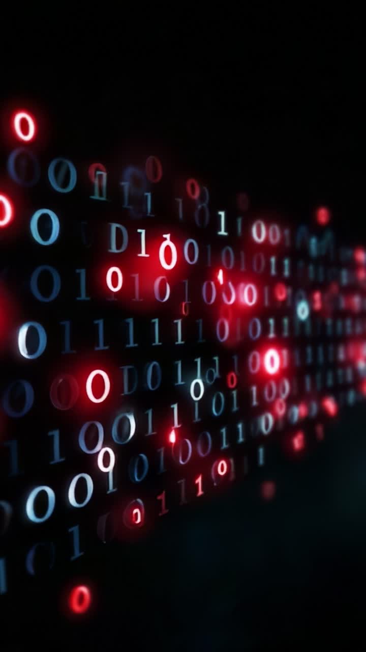 Abstract Digital Background with Binary Code and Glowing Red and Blue Lights Creating a Futuristic Aesthetic in a Dark Environment