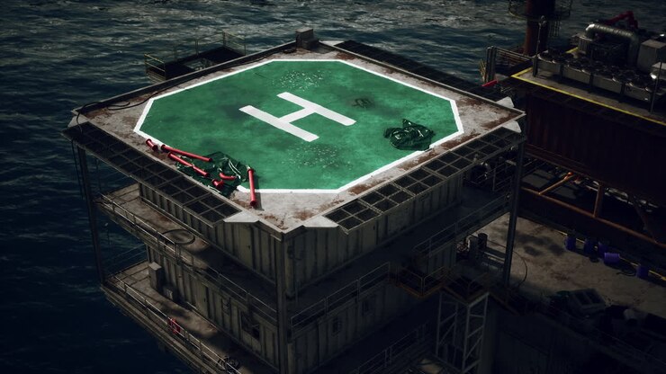 Aerial view of abandoned oil rig platform at sea
