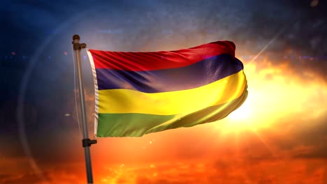 la bandera de mauricio retroiluminada en un hermoso ciclo de amanecer en cámara lenta 4k