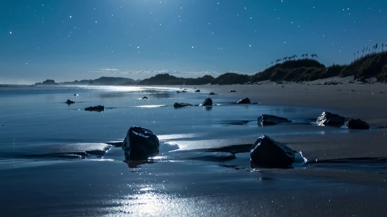 Una telecamera in movimento rivela un gruppo di rocce bagnate che brillano sulla spiaggia di notte, mostrando il riflesso della luna.
