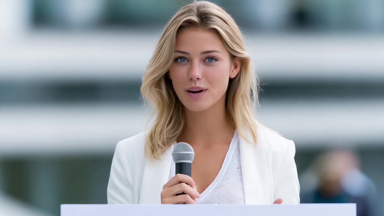 Confident Presenter Smiling with Microphone in Hand, Ready to Address the Audience in a Bright Outdoor Setting, Radiating Positivity and Professionalism