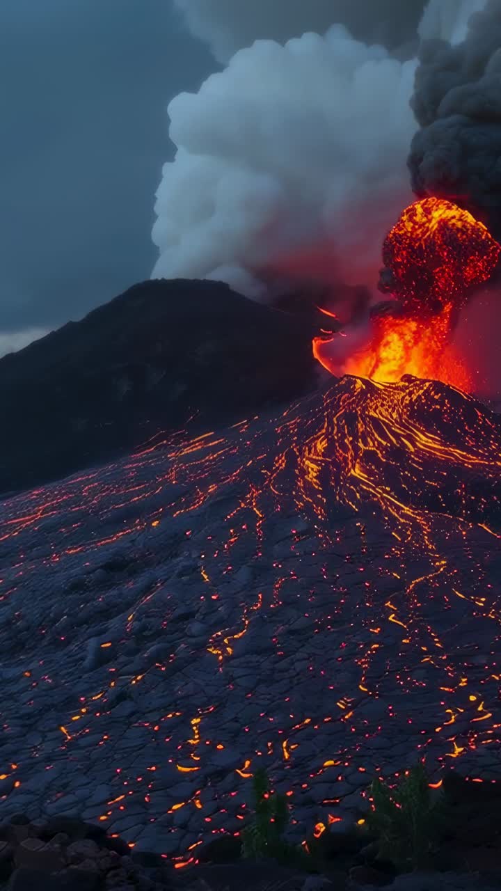 Vertical video: Erupting volcanic cone producing violent burst on mountain flank, sending lava bomb