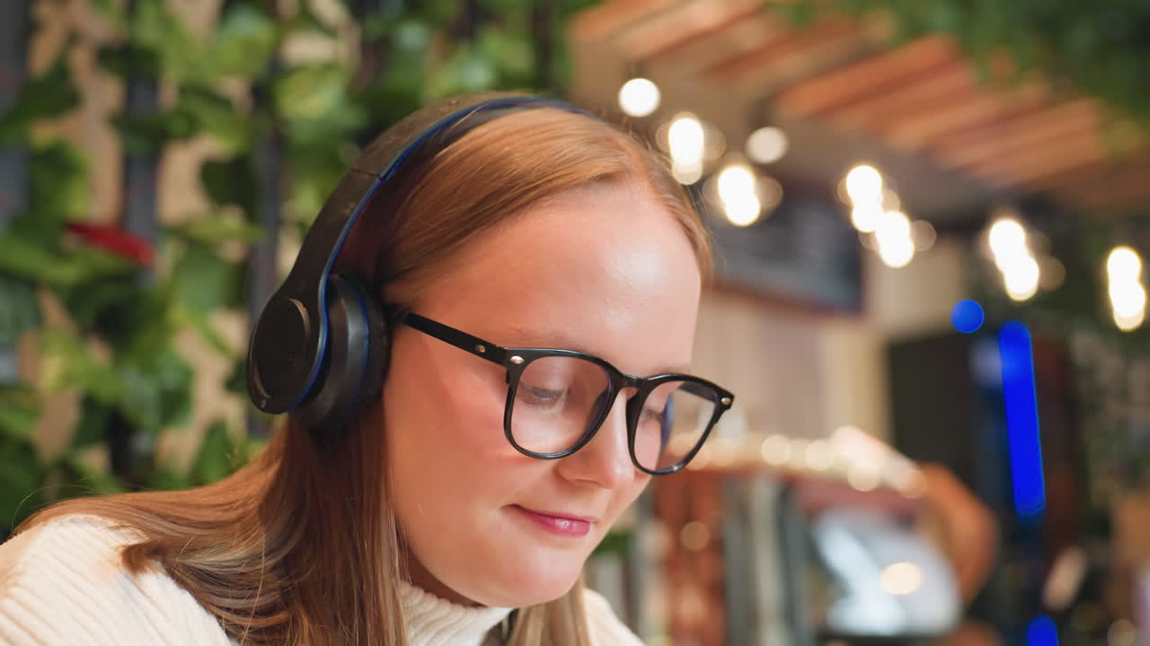 Close up of woman wearing glasses and headset swaying gently to music while focusing intently on task, indoor bar setting with soft ambient lighting and decorative background