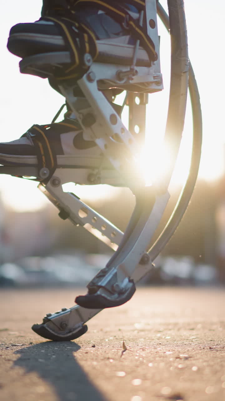 Close-up of legs on metallic spring stilts jumping and turning outdoors with light sneakers visible. Background features a blurred street or park setting with trees and cars in soft evening sunlight