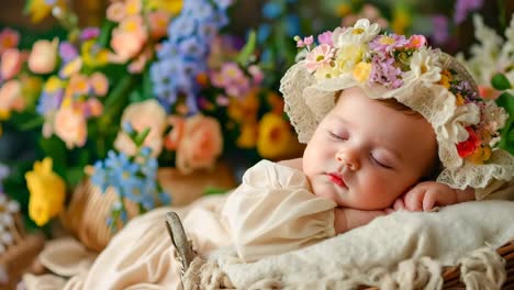 a baby sleeping in a basket with flowers in the background