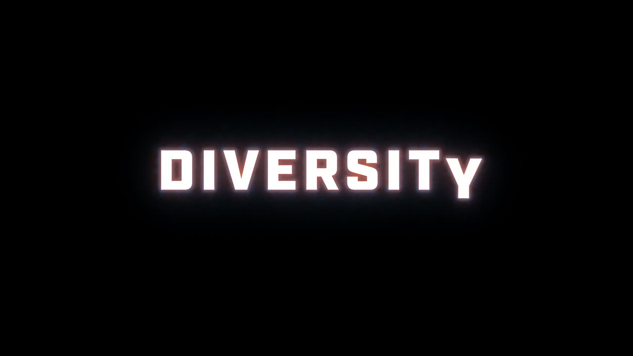 4K text reveal of the word "diversity" on a black background