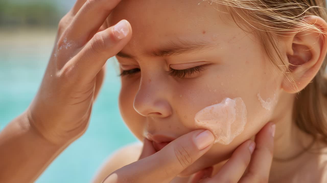Applying SPF, adult rubbing on bare-shouldered child's cheek to protect skin, walking to blue water