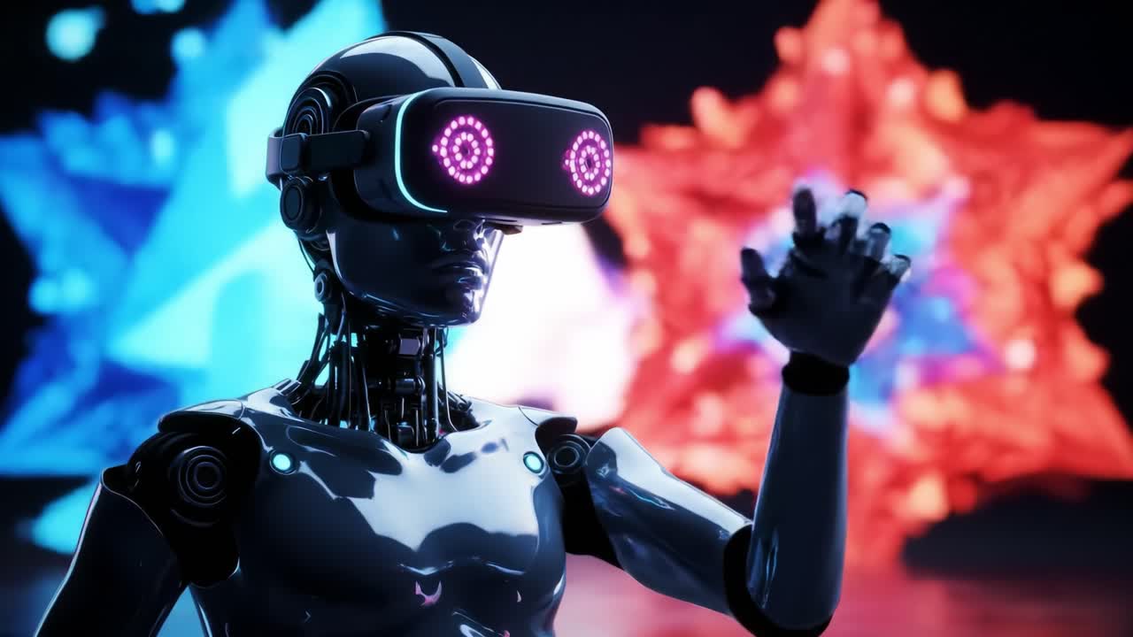 A futuristic robot interacts with immersive virtual reality elements at a technology showcase.